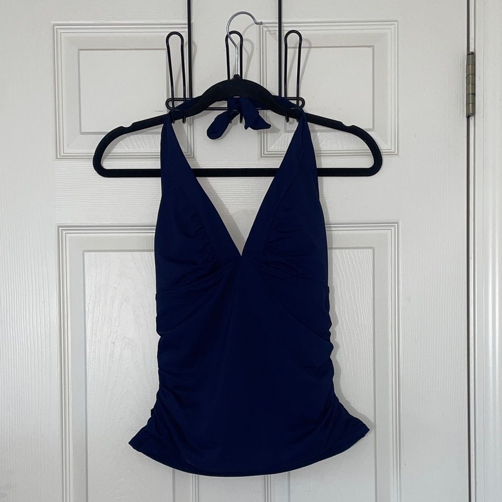 Athleta Size S Shirrendipity Halter Tankini Ruched Navy Blue Swim Top NWOT